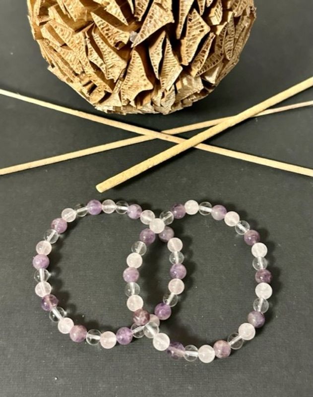 Armbånd Ametyst Rosenkvarts Bergkrystall  6mm